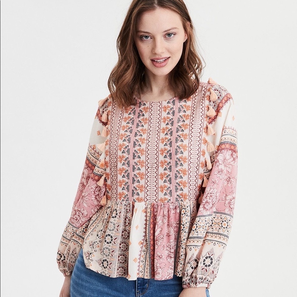 [American Eagle] Long Sleeve Embroidered Blouse